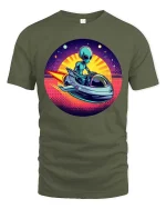 Retro Alien Spaceship Sunset SciFi Graphic Tshirt Style - military green t-shirt on white background