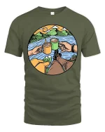 Camping Coffee Lake View Adventure Graphic Tshirt Style - military green t-shirt on white background