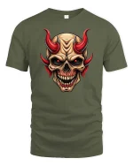 Demon Skull Red Horns Dark Gothic Graphic Tshirt Style - military green t-shirt on white background