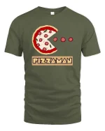 Funny Pizza Man Pacman Style Graphic Tshirt Retro Game - military green t-shirt on white background