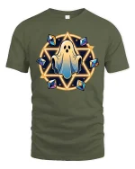 Cute Ghost Magic Circle Halloween Graphic Tshirt Style - military green t-shirt on white background