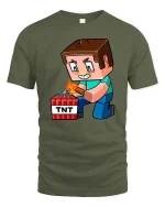 Block Game TNT Blast Cartoon Gamer Graphic Tshirt Fun - military green t-shirt on white background