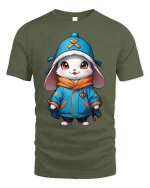 Cute Winter Bunny Hoodie Style Cartoon Graphic Tshirt - military green t-shirt on white background