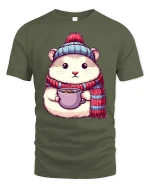 Cute Winter Hamster Coffee Lover Cartoon Graphic Tshirt - military green t-shirt on white background