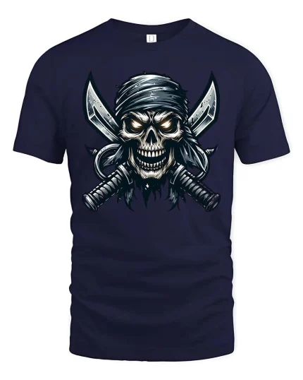 Pirate Skull Cross Swords Dark Graphic Tshirt Street - navy t-shirt on white background