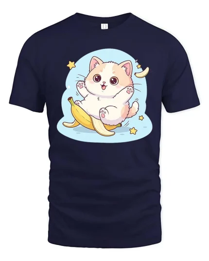 Cute Banana Cat Kawaii Funny Cartoon Graphic Tshirt - navy t-shirt on white background