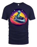 Retro Alien Spaceship Sunset SciFi Graphic Tshirt Style - navy t-shirt on white background