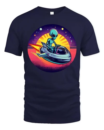 Retro Alien Spaceship Sunset SciFi Graphic Tshirt Style - navy t-shirt on white background