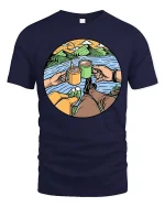 Camping Coffee Lake View Adventure Graphic Tshirt Style - navy t-shirt on white background