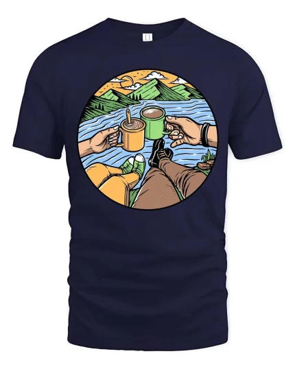Camping Coffee Lake View Adventure Graphic Tshirt Style - navy t-shirt on white background