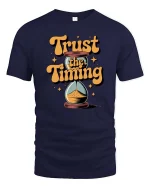 Trust The Timing Motivational Quote Graphic Tshirt Style - navy t-shirt on white background