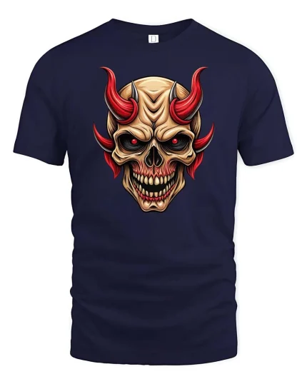 Demon Skull Red Horns Dark Gothic Graphic Tshirt Style - navy t-shirt on white background