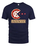 Funny Pizza Man Pacman Style Graphic Tshirt Retro Game - navy t-shirt on white background