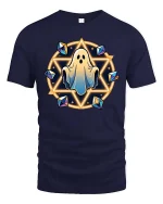 Cute Ghost Magic Circle Halloween Graphic Tshirt Style - navy t-shirt on white background