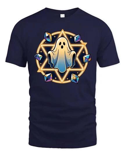 Cute Ghost Magic Circle Halloween Graphic Tshirt Style - navy t-shirt on white background