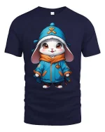 Cute Winter Bunny Hoodie Style Cartoon Graphic Tshirt - navy t-shirt on white background