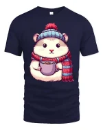 Cute Winter Hamster Coffee Lover Cartoon Graphic Tshirt - navy t-shirt on white background