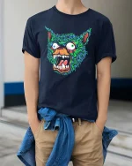 Neon Rage Wolf Face Graphic Tshirt Streetwear Style - model wearing navy tee with hands in pockets