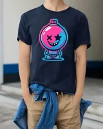Neon Bomb Smile Street Art Cartoon Graphic Tshirt Style - model wearing navy tee with hands in pockets