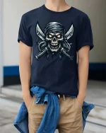 Pirate Skull Cross Swords Dark Graphic Tshirt Street - model wearing navy tee with hands in pockets