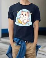 Cute Banana Cat Kawaii Funny Cartoon Graphic Tshirt - model wearing navy tee with hands in pockets