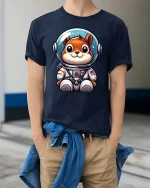 Cute Astronaut Dog Space Cartoon Graphic Tshirt Style - model wearing navy tee with hands in pockets