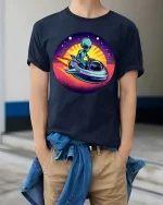 Retro Alien Spaceship Sunset SciFi Graphic Tshirt Style - model wearing navy tee with hands in pockets