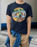 Camping Coffee Lake View Adventure Graphic Tshirt Style - model wearing navy tee with hands in pockets
