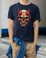 Demon Skull Red Horns Dark Gothic Graphic Tshirt Style - model wearing navy tee with hands in pockets
