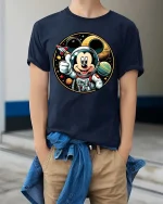 Cute Space Mouse Astronaut Cartoon Graphic Tshirt Style - model wearing navy tee with hands in pockets