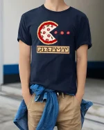 Funny Pizza Man Pacman Style Graphic Tshirt Retro Game - model wearing navy tee with hands in pockets