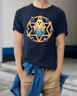 Cute Ghost Magic Circle Halloween Graphic Tshirt Style - model wearing navy tee with hands in pockets