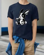 Cute Rebel Bunny Smoking Graphic Tshirt Street Style - model wearing navy tee with hands in pockets