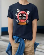 404 Future Not Found Halloween Ghost Graphic Tshirt - model wearing navy tee with hands in pockets