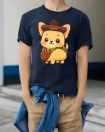 Cute Taco Dog Kawaii Food Lover Graphic Tshirt Fun Style - model wearing navy tee with hands in pockets