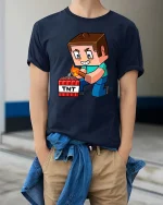 Block Game TNT Blast Cartoon Gamer Graphic Tshirt Fun - model wearing navy tee with hands in pockets