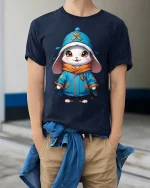 Cute Winter Bunny Hoodie Style Cartoon Graphic Tshirt - model wearing navy tee with hands in pockets
