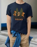 Adventure Squad Forest Animals Hiking Graphic Tshirt Fun - model wearing navy tee with hands in pockets