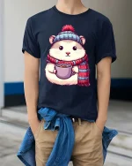 Cute Winter Hamster Coffee Lover Cartoon Graphic Tshirt - model wearing navy tee with hands in pockets