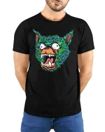 Neon Rage Wolf Face Graphic Tshirt Streetwear Style - model wearing black tee with hands behind back
