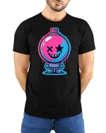 Neon Bomb Smile Street Art Cartoon Graphic Tshirt Style - model wearing black tee with hands behind back