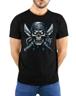 Pirate Skull Cross Swords Dark Graphic Tshirt Street - model wearing black tee with hands behind back