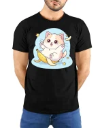 Cute Banana Cat Kawaii Funny Cartoon Graphic Tshirt - model wearing black tee with hands behind back