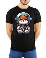 Cute Astronaut Dog Space Cartoon Graphic Tshirt Style - model wearing black tee with hands behind back