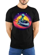 Retro Alien Spaceship Sunset SciFi Graphic Tshirt Style - model wearing black tee with hands behind back