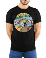 Camping Coffee Lake View Adventure Graphic Tshirt Style - model wearing black tee with hands behind back