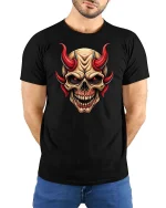Demon Skull Red Horns Dark Gothic Graphic Tshirt Style - model wearing black tee with hands behind back