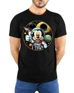Cute Space Mouse Astronaut Cartoon Graphic Tshirt Style - model wearing black tee with hands behind back