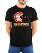 Funny Pizza Man Pacman Style Graphic Tshirt Retro Game - model wearing black tee with hands behind back