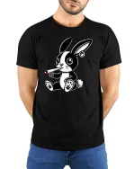 Cute Rebel Bunny Smoking Graphic Tshirt Street Style - model wearing black tee with hands behind back